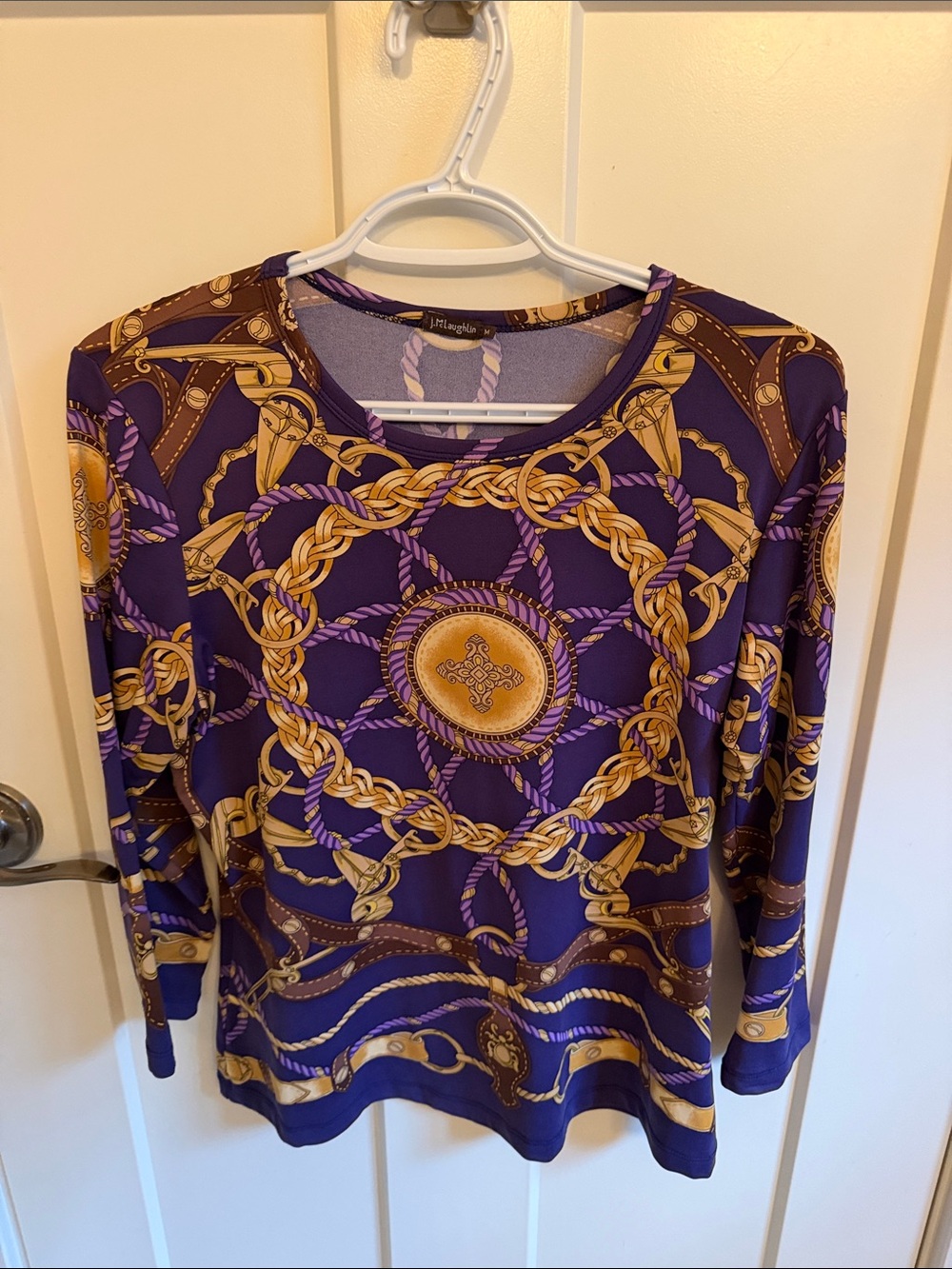 Versace-Inspired J. McLaughlin Purple 3/4 Sleeve Chain & Medallion Print Top